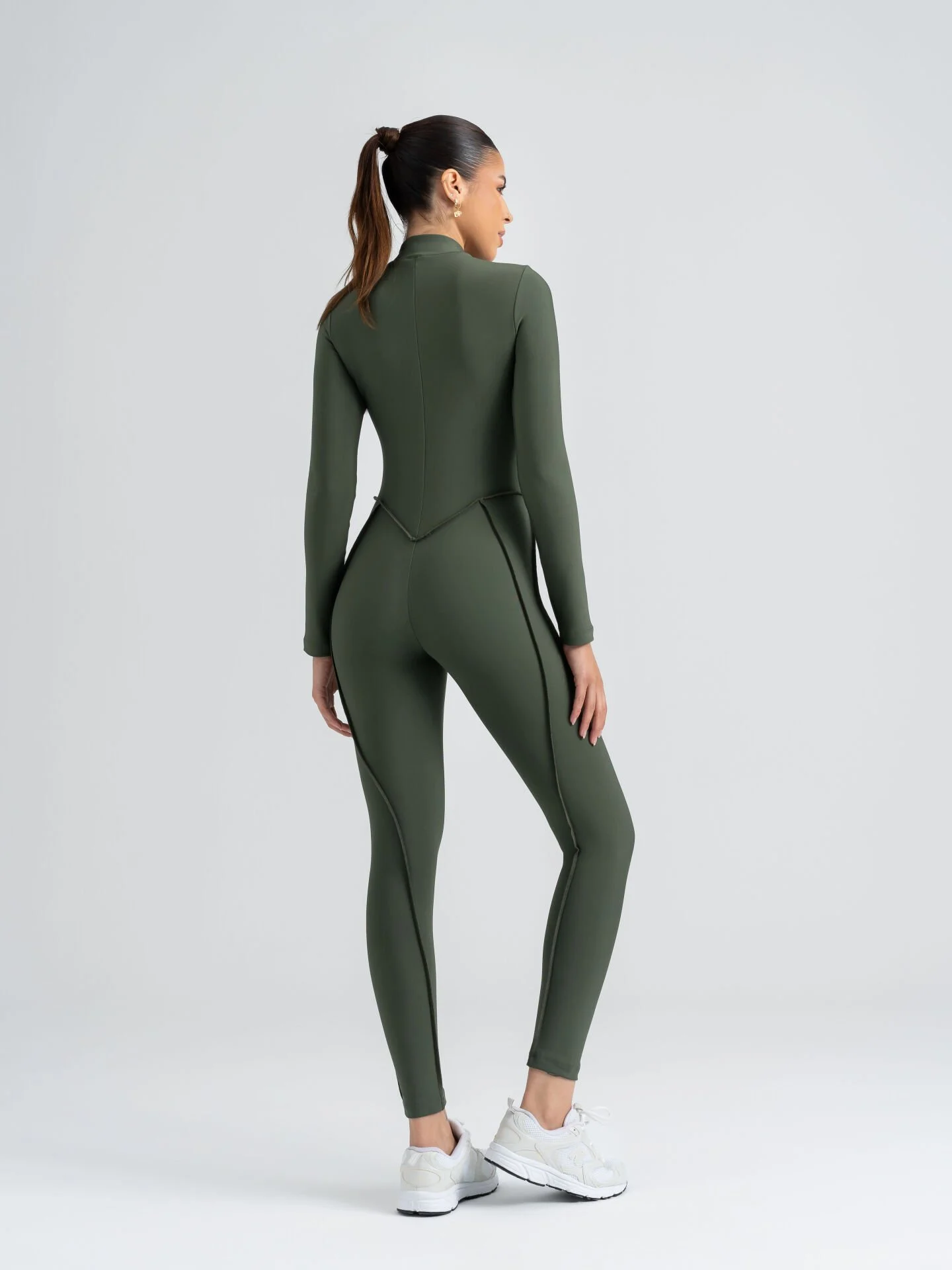 Dikişle Modellenmiş Spor Tayt Tulum Haki Yeşili