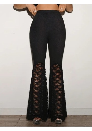 Ge Ticaret Kadın Yüksek Bel Dantel Detaylı Dalgıç Pantolon Siyah