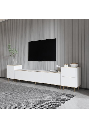 Tv Sehpası Kozan Set Beyaz Mermer Desen Gold 260 Cm