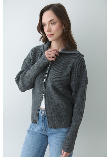 Antrasir Çift Fermuarlı Hırka - 251080 Antrasit