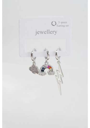 Kadın Baget Zirkon Taşlı Bulut Ve Şimşek Figürlü 3'lü Set Küpe - Gümüş