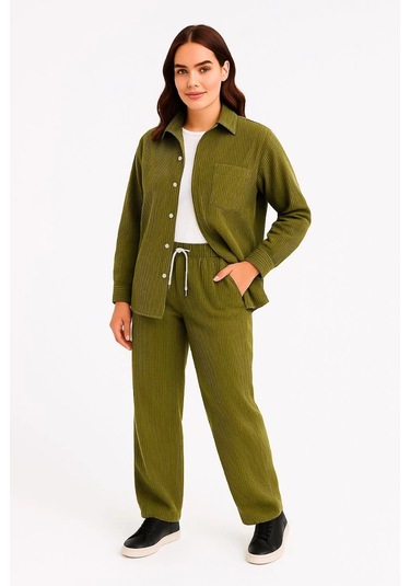 Kadın Kadife Oversize Takım Gömlek Ve Pantolon İkili Set Füme Corduroy Şıklığı, Rahat Ve Zarif Dur Haki