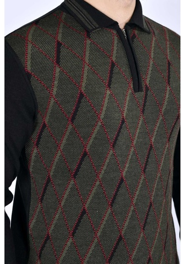 Kamalı Erkek Çelik Örgü Baklava Desenli Gömlek Yaka Fermuarlı Polo Yakalı Tüylenmez Triko Kışlık Baba Kazak Siyah