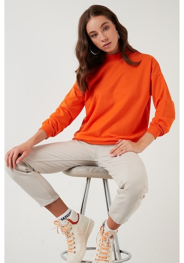 Lela Pamuklu Dik Yaka Basic Örme Bayan Sweat 5863323 Oranj
