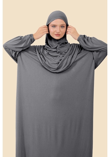 Tek Parça Tesettür Namaz Elbisesi Tak Çıkar Başörtülü Organik Pamuklu Lastikli Kolu Kaymaz Penye Füme