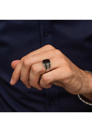 Siyah Oniks Taşlı Damar Desenli 925 Gümüş Yüzük Beyaz