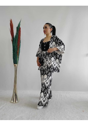 İpli Siyah Renk Desenli Ikili Kimono Takım Rahat Kalıp Siyah
