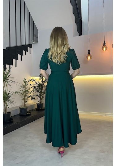 G0505 Kruvaze Yaka Kuşaklı Asimetrik Elbise Zümrüt-zümrüt Zümrüt Yeşili