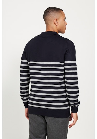AC&Co / Altınyıldız Classics Erkek Lacı Grı Standart Fit Normal Kesim Polo Yaka Çizgili Triko Kazak Lacivert - Gri