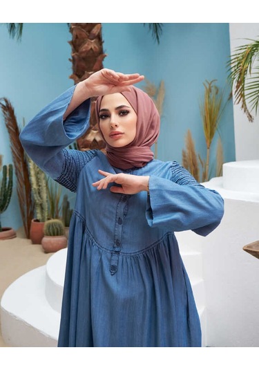 Neways 6591-Kolları Nervürlü Elbise Koyu Mavi