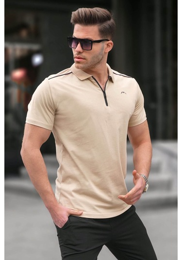 Madmext Erkek Bej Basic Fermuarlı Polo Tişört 6076 Bej