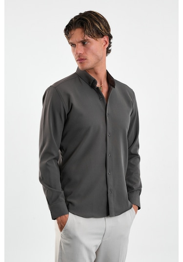Redline Flex Slim Fit Yumuşak Kolay Ütü Nefes Alan Erkek Gömlek Gri