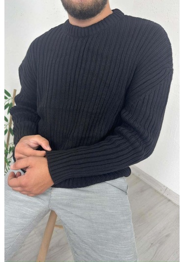 Explode - Erkek Siyah Bisiklet Yaka Oversize Triko Kazak Siyah