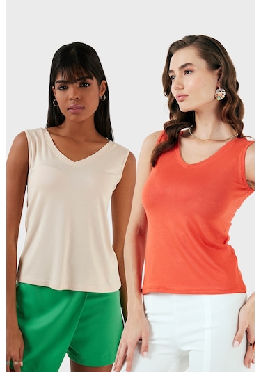 Lela Slim Fit V Yaka Kalın Askılı 2' Li Paket Bayan Bluz 5864384S2 Taş-Nar Çiçeği