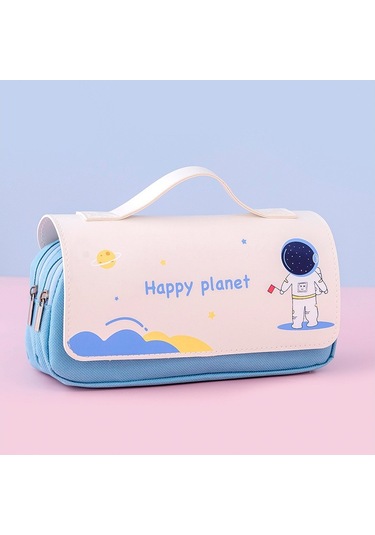 Sevimli Karikatür Desenli İlkokul Öğrencileri İçin Taşınabilir Kırtasiye Çantası, Yaratıcı Uzay Temalı Kalem Kutusu, Renkli Ve Pratik Okul Malzemeleri Saklama Kutusu MAvi