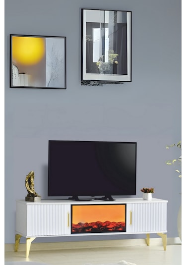 Rüya Dekoratif Şömineli Tv Sehpası Beyaz Gold Kulplu 2 Kapaklı Alev Efektli 150x50x36 CM