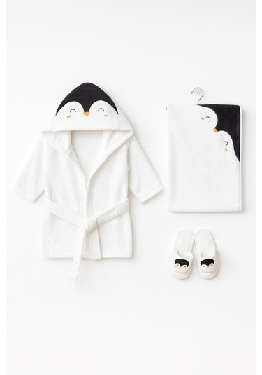 Penguen Desenli Bebek Bornoz Seti 4 Parça Krem
