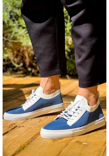 Mavi Triko Yüksek Taban Bağcıklı Günlük Erkek Ayakkabısı Mavi