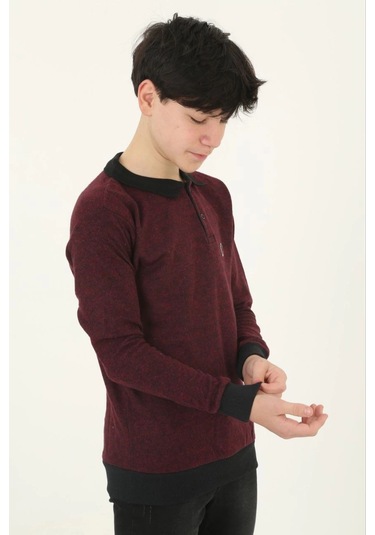 Çocuk Selanik Yaka Nakışlı Kazak - Kırmızı Siyah