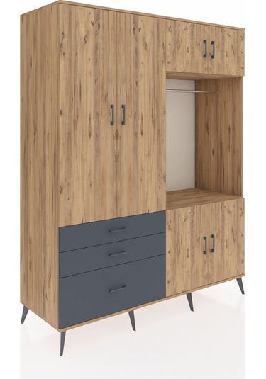 Kronos Gardrop 7 Raflı 3 Çekmeceli Tek Askılı 176x59x221 Çam-çam/antrasit Çam/antrasit