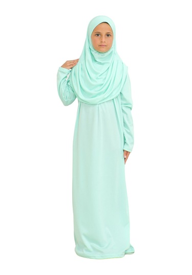 İki Parça Çocuk Elbisesi Seti Eşarp İle Takım Mint Yeşili