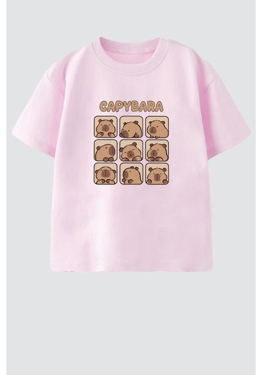 Monila Unisex Çocuk Pamuklu Bisiklet Yaka Baskılı T-shirt Pembe