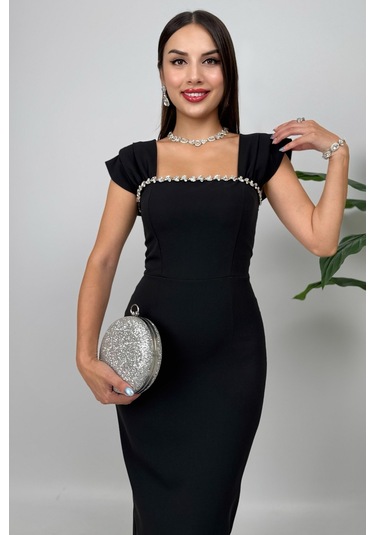 Valentia Madonna Yaka Taş İşlemeli Kalem Siyah Abiye Elbise, Zarif Davet Elbisesi Siyah