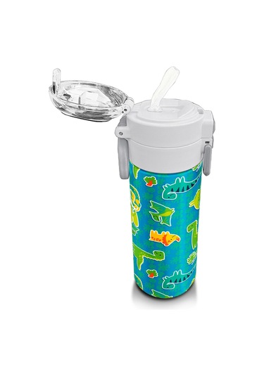 Coral High Kids Mavi Yeşil Dinozor Desenli Pipetli Ve Direkt İçim Çelik Termos 500 Ml 31798 Mavi