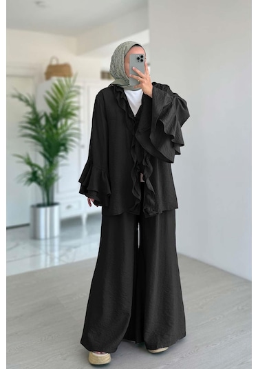 Fırfır Detaylı Volan Kollu Takım - Siyah Siyah