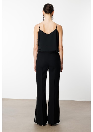 Moda İlgi Kadın Yanı Şerit Taş Aksesuarlı Pantolon 0077 Siyah Siyah