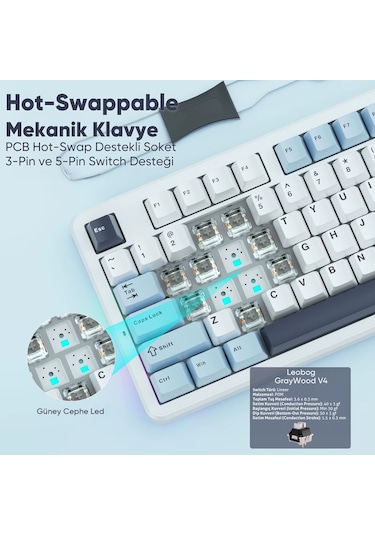 Aula F87 Pro Mekanik Rgb Tkl Graywood V4 Switch Kablosuz Makrolu Hot Swap Türkçe Q Klavye Mavi