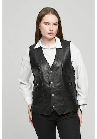 Hakiki Deri Yandan Ayarlanabilir Bağcıklı Yelek Siyah Renk Siyah