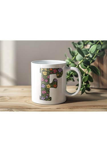 F Baş Harf Çiçek Desenleri İle Natural Tarz Kupa Bardak - Kişiye Özel Çiçekli Kahve Çay Bardak - Beyaz