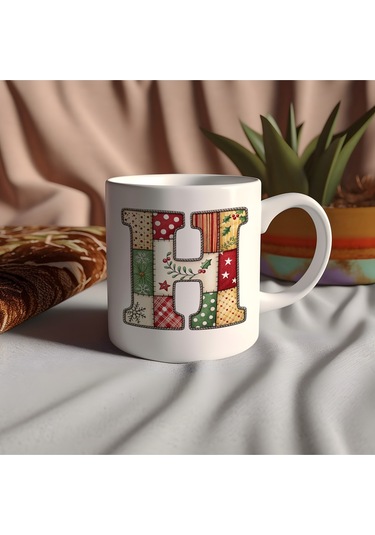 H Harfi Yılbaşı Temalı Kupa Bardak - Yeni Yıl Konsept Yamalı Efekt Tasarım - Noel Hediye Beyaz