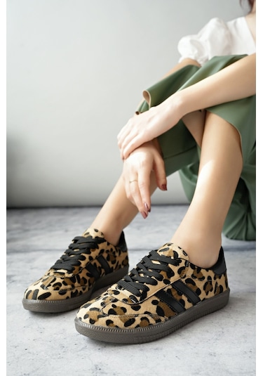 Muggo Leopard Garantili Kadın Ortopedik Günlük Bağcıklı Yürüyüş Leopar Desenli Sneaker Spor Ayakkabı Leopar Kahverengi