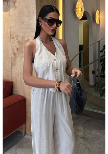 Halter Yaka Yelekli Modal Takım 10144 Altın
