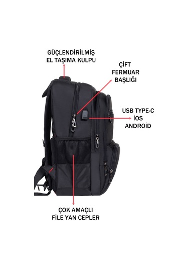 Dada Çok Bölmeli Siyah Okul Sırt Çantası Usb Soket 15,6 İnç Su Geçirmez Oxford Kumaş