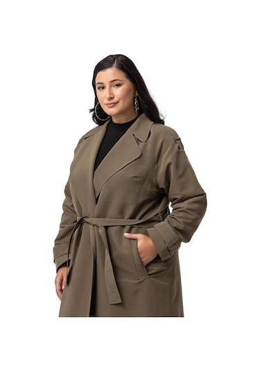 Büyük Beden Mono Yaka Kruvaze Kapamalı Yırtmaçlı Astarlı Uzun Haki Trençkot-haki Haki