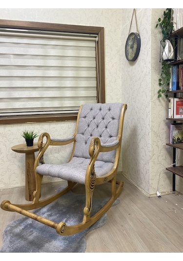 Asedia Vintage Kuğu Naturel Taş Rengi El Oyması Ahşap Sallanan Sandalye Dinlenme Koltuğu