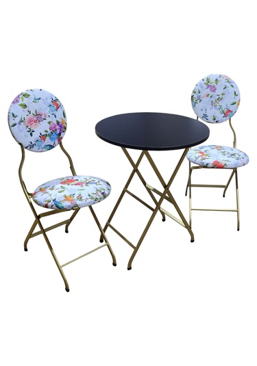 Katlanabilir Beyaz Gül Ve Kuş Gold Metal Masa Ve Sandalye Takımı