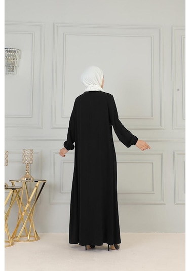Boydan Fermuarlı Medine İpeği Ferace Brc2305 Siyah 001
