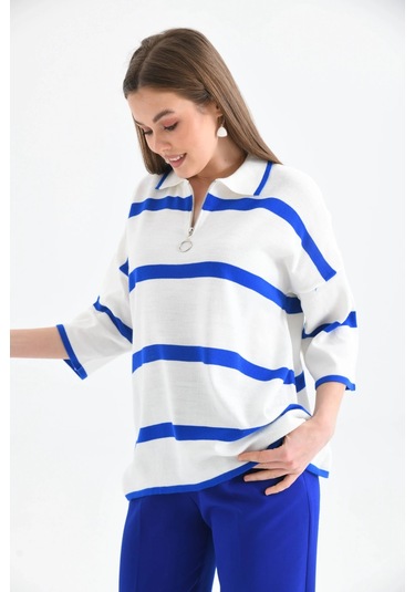 Polo Yaka Fermuarlı Çizgili Salaş Mevsimlik Trko Kazak Saks Saks Mavisi