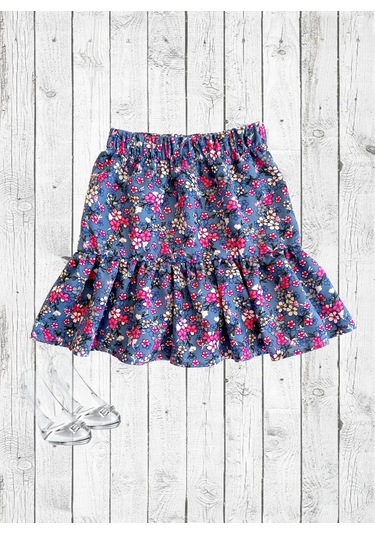 Çiçek Desenli Fırfırlı Çocuk Etek Koyu Gri Mavi Renk Tonunda Grimavi Fırfırlı Gri - Mavi