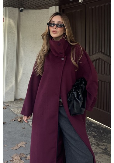 Bordo Vittoria Düğmeli Yaka Kaban - 2511 Bordo