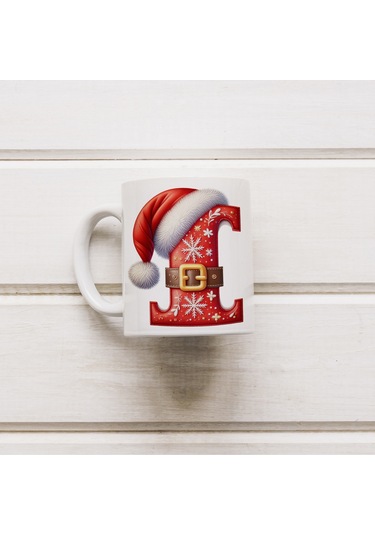 I Harfi Yılbaşı Temalı Bardak 330 Ml Harfli Kişiye Özel Hediye - Yeniyıl / Noel Şapka Tasarım Beyaz