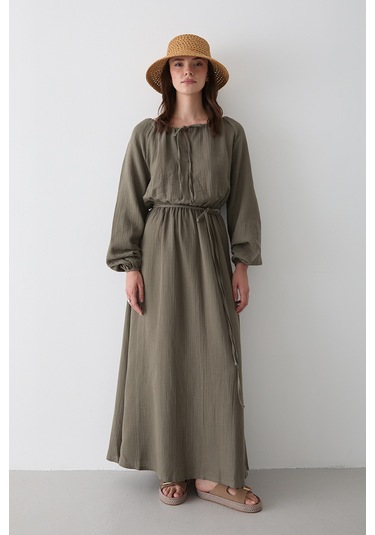 Çağla Bağlama Detaylı Müslin Elbise - 2004 Çağla