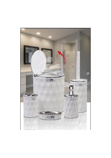 Okyanus Home Diamond Beyaz Kromlu Click Kapak 5'li Banyo Seti Beyaz