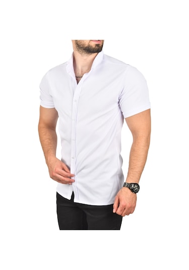 Deepsea Erkek Beyaz Slim Fit Likralı Spor Gömlek Dar Kesim Jakar Kumaş Kısa Kol Gömlek 2500804 Beyaz
