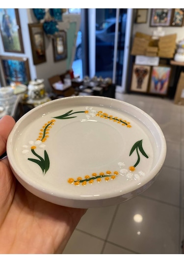 Seramik El Yapımı Fincan Takımı 2'li Set Dal Papatya Desenli Beyaz - Sarı