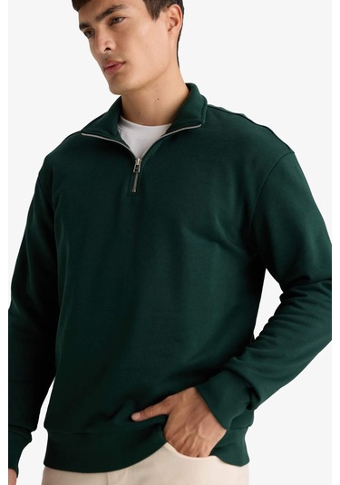 Defacto Regular Fit Dik Yaka Yarım Fermuarlı Basic Düz Sweatshirt X7405az25augn852 Yeşil